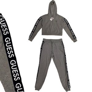 NWT Guess Grey "JOJO" Logo Tape Hoodie Sweatshirt and Jogger Set